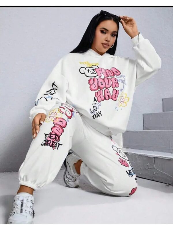 White Graphic Hoodie Co-ord Set for Women
