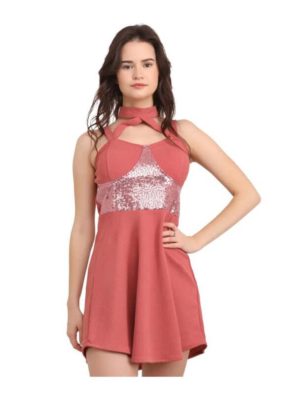 Solid Halter Neck Sequin Mini Dress for Women