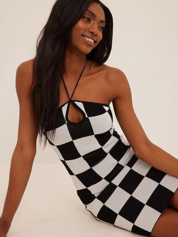 Checkered Halter Keyhole Neck Mini Dress