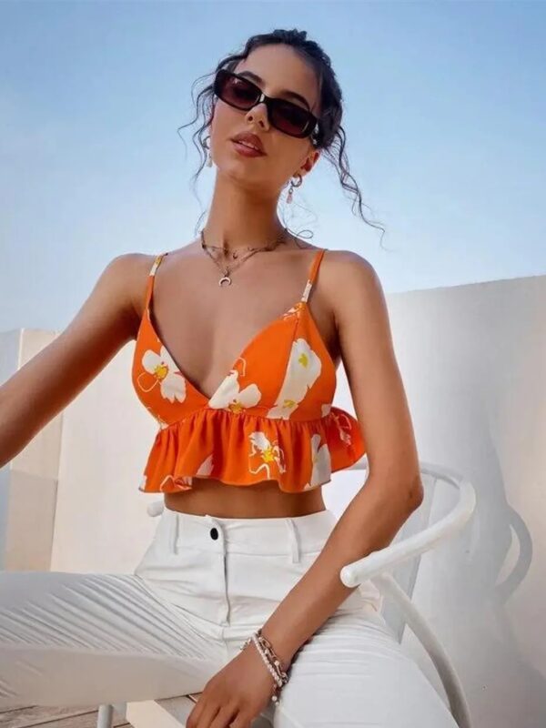 Orange Floral Ruffle Crop Top