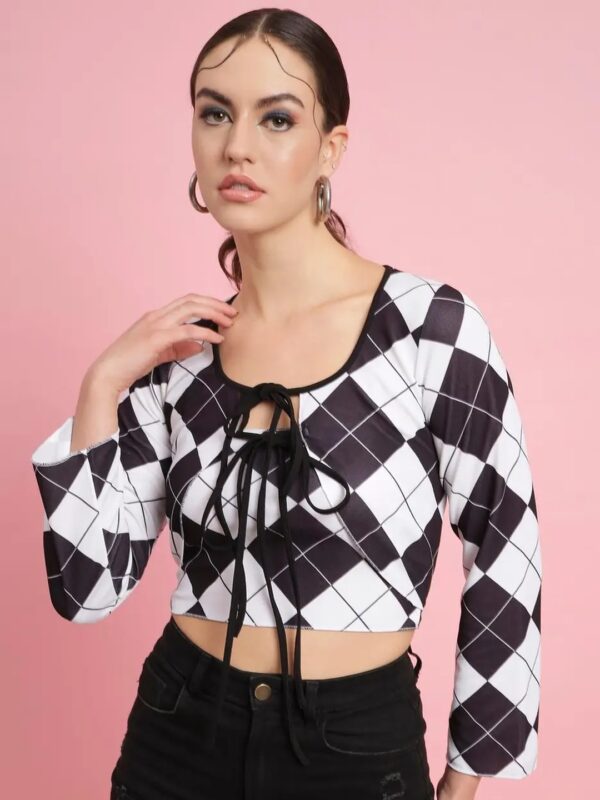 Checkered Crop Top With Tie Front Shrug