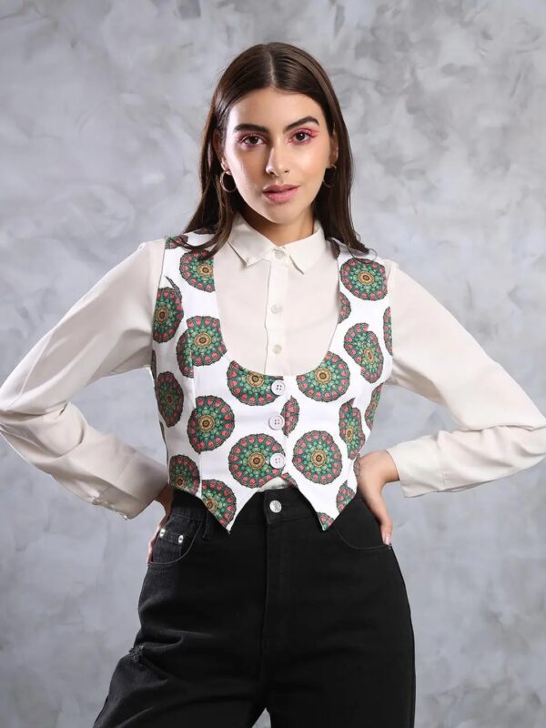 White Ethnic Printed Vest Coat for Women