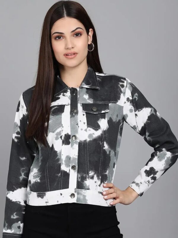 Black Tie-Dye Denim Jacket for Women