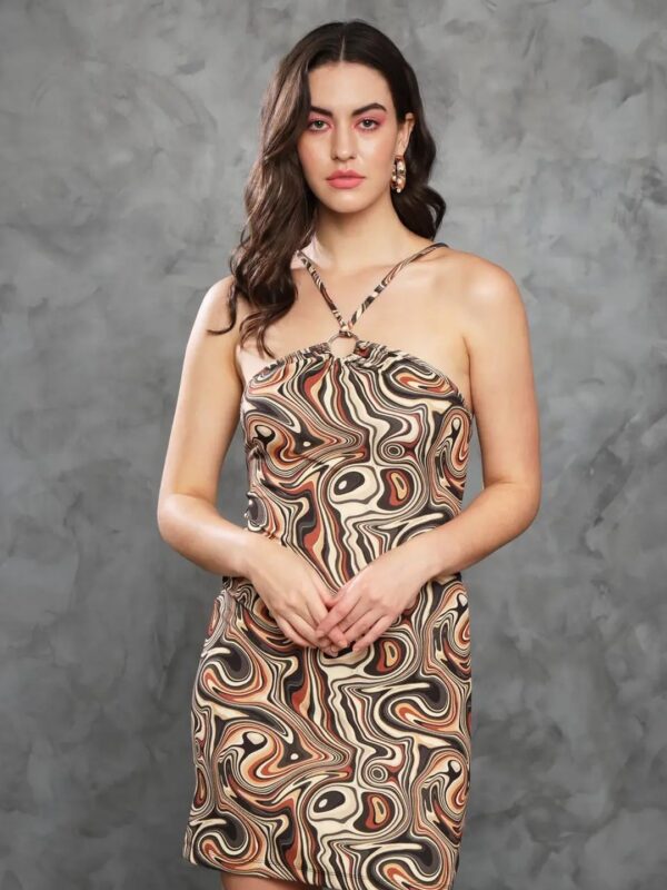 Brown Printed Mini Halter Dress for Women