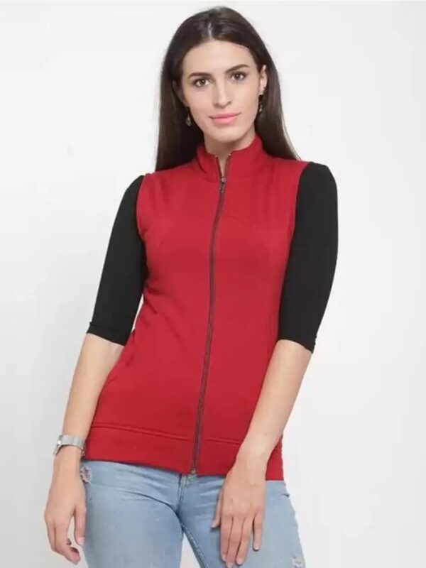 Red Fleece Sleeveless Zip-Up Jacket for Women