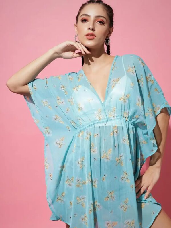 Blue Floral Sheer Kaftan Dress for Women