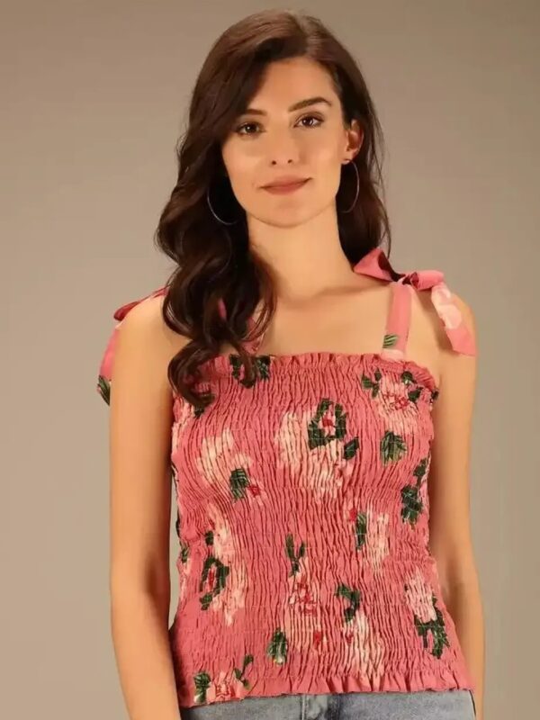 Pink Floral Ruched Sleeveless Top for Women