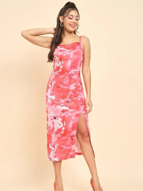 Light Pink Tie-Dye Slit Midi Dress for Women
