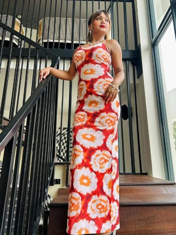 Red Tie-Dye Maxi Bodycon Dress for Women