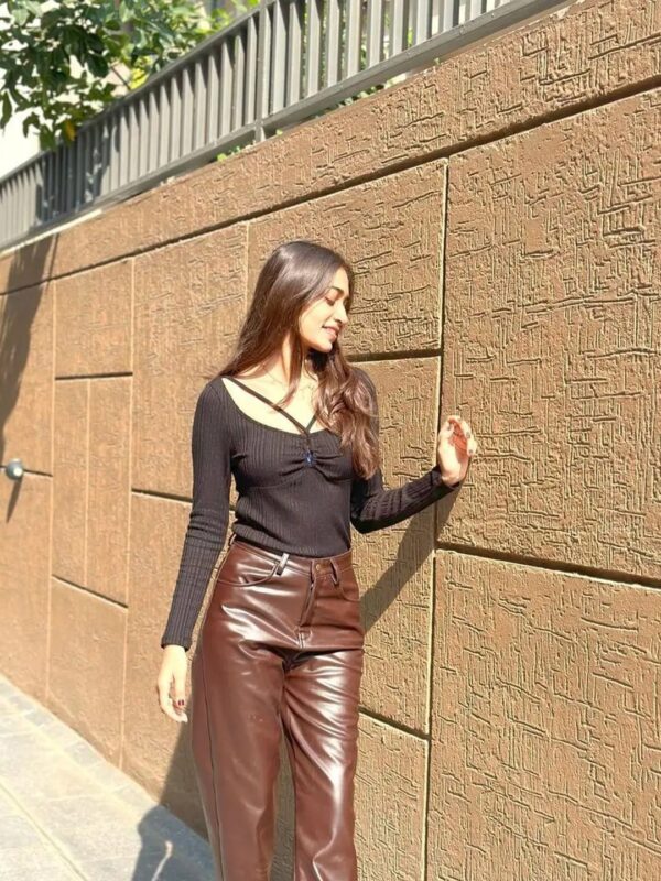 Brown High Rise Leather Pants for Women