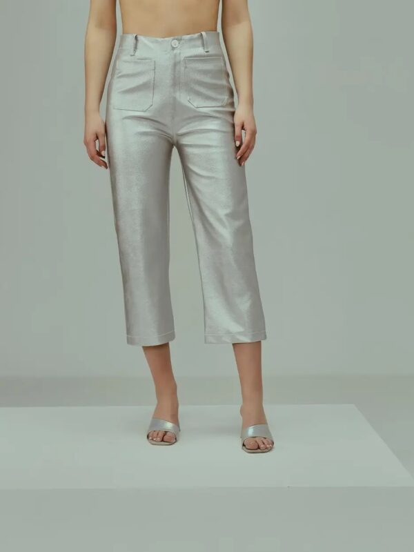 Silver High Rise Three-Quarter Leather Pants for Women