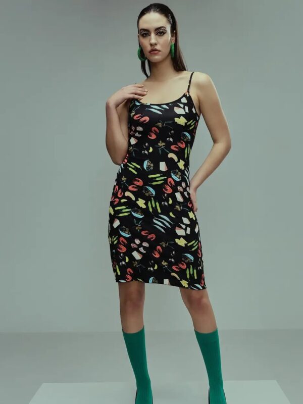 Black Printed Mini Bodycon Dress for Women