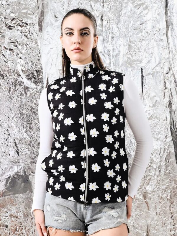 Black Floral Zip-Up Sleeveless Puffer Jacket for Women
