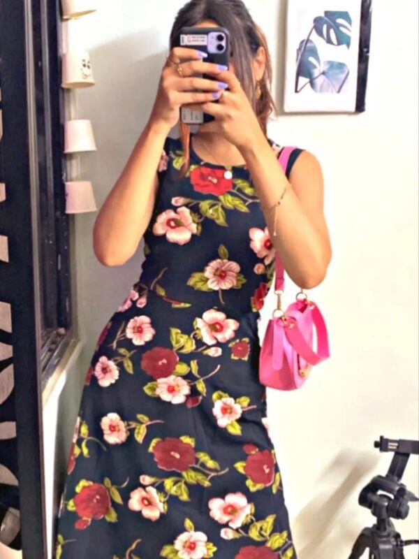 Black Floral Midi A-line Dress for Women