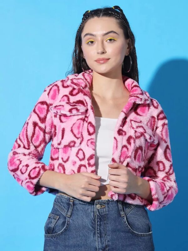 Printed Fluffy Cropped Winter Jacket for Women