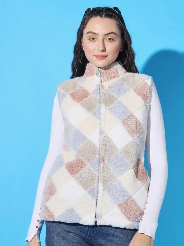White Checked Sleeveless Fur Jacket for Women