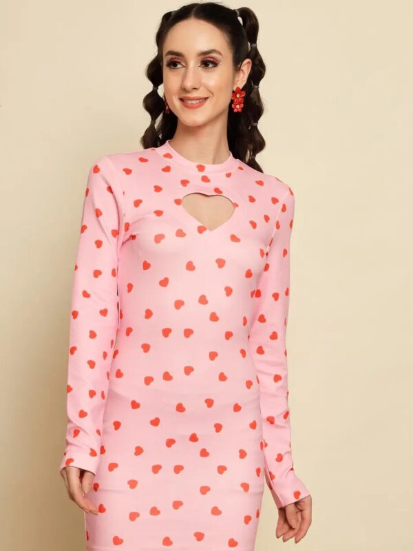 Pink Heart Printed Cut-out Mini Bodycon Dress for Women