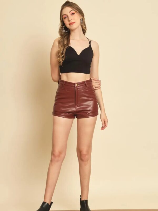 Brown High Rise Leather Shorts for Women