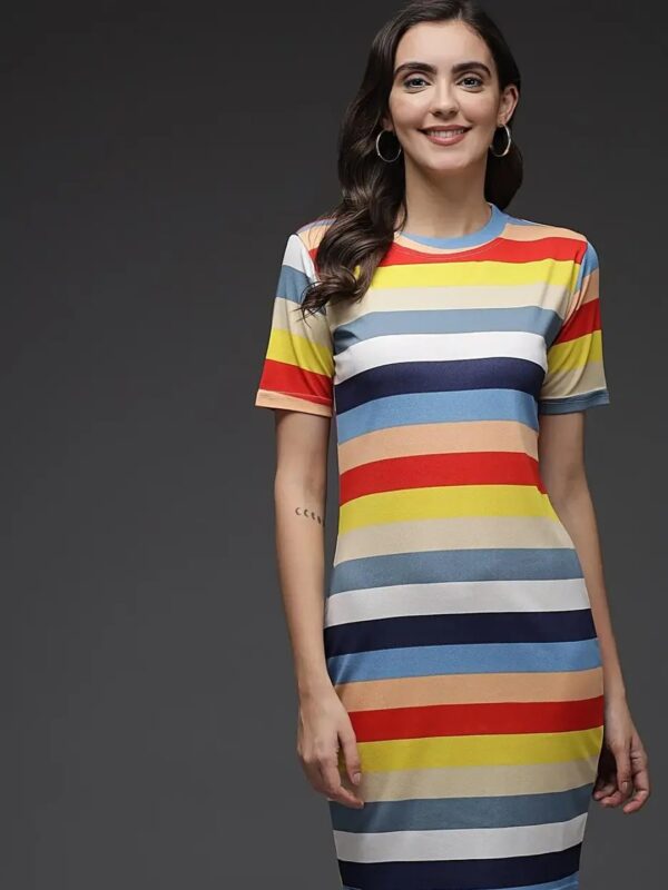 Multicolour Striped Midi Bodycon Dress for Women