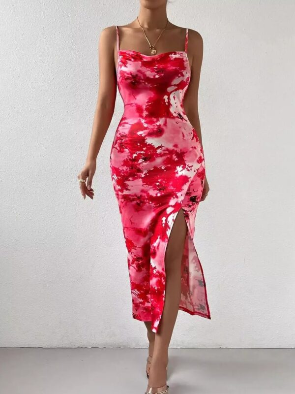 Red Tie-Dye Slit Midi Bodycon Dress for Women