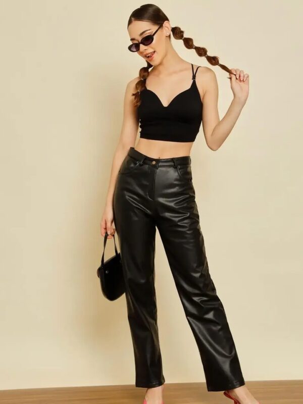 Black High Rise Leather Pants for Women