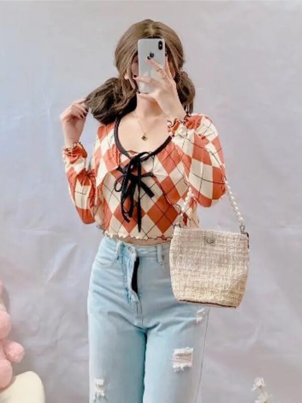 Rusty Orange Checked Top with Shrug for Women