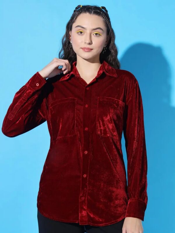 Red Velvet Shirt with Pockets for Women