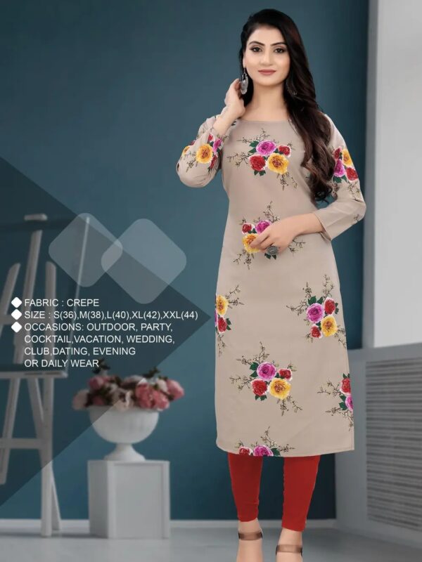Floral Straight Kurti with Three-Quarter Sleeves for Women