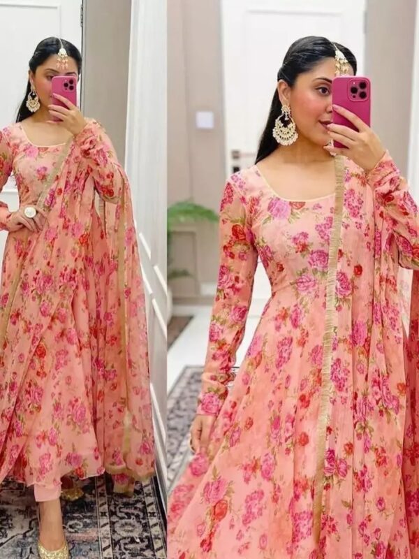 Georgette Long Sleeve Floral Anarkali Kurti for Women