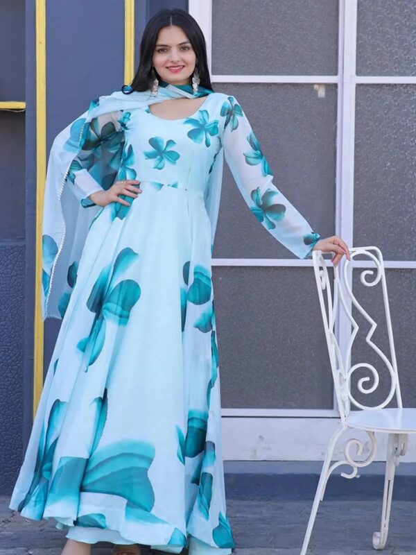 Sky Blue Floral Long Anarkali Kurta Set for Women