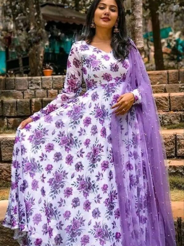 Lavender Floral Long Anarkali Kurta Set for Women