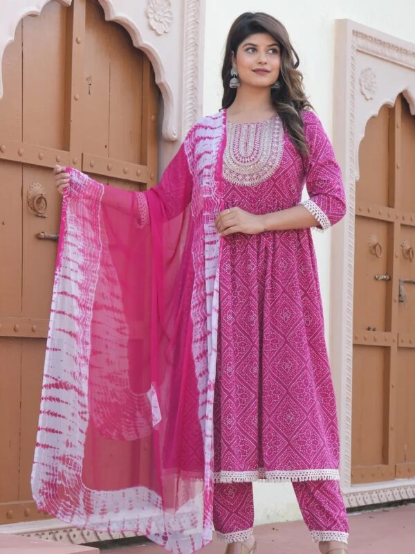 Embellished Bandhani Anarkali Kurta Set for Women