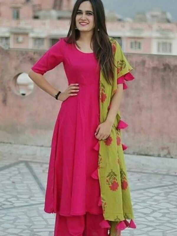 Solid Anarkali Kurta Set with Printed Dupatta for Women