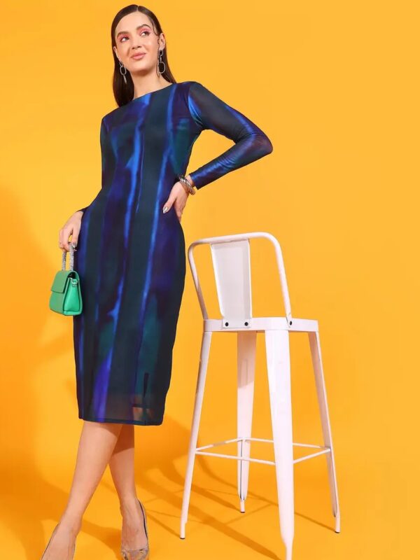 Dark Blue Printed Midi Sheath Dress for Women
