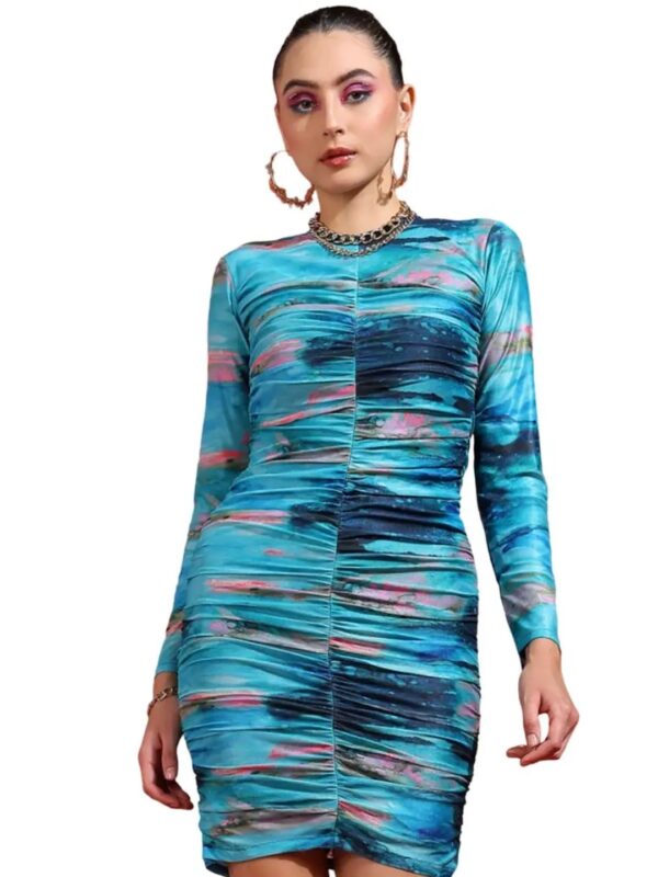 Blue Printed Ruched Mini Dress for Women