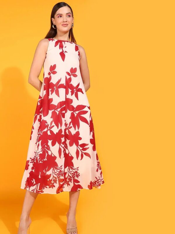 Red Floral Midi A-line Dress for Women