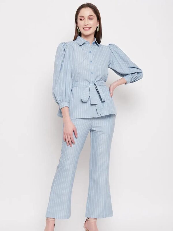 Sky Blue Striped Shirt Co-ord Set for Women