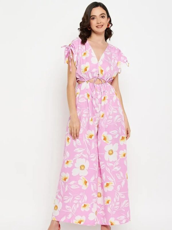Pink Floral Cut-out Flare Jumpsuit for Women