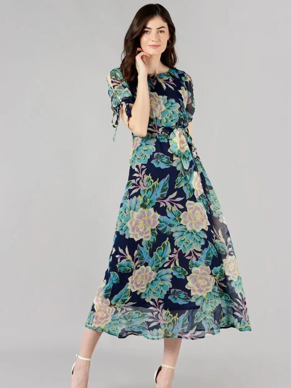 Teal Floral Midi A-line Dress for Women