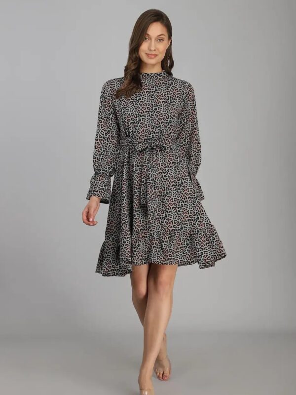 Black Cheetah Printed Midi Ruffle Dress for Women