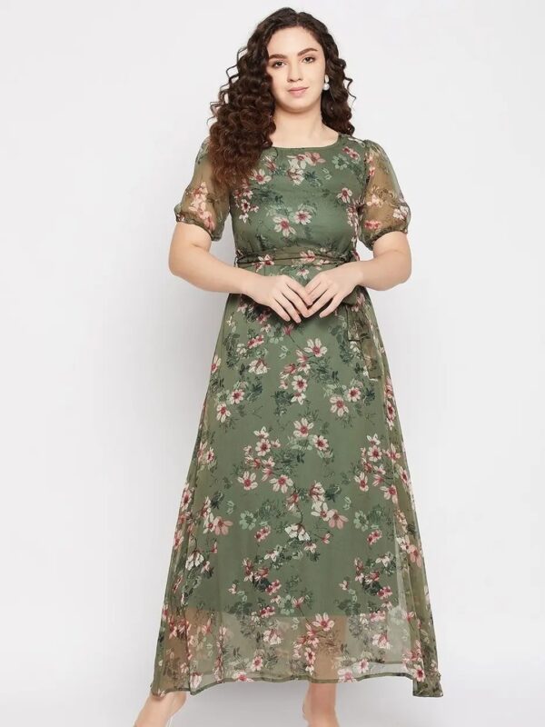 Green Floral Chiffon Maxi Dress for Women