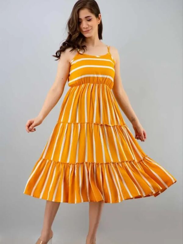 Yellow Striped Sleeveless Midi Tiered Dress for Women