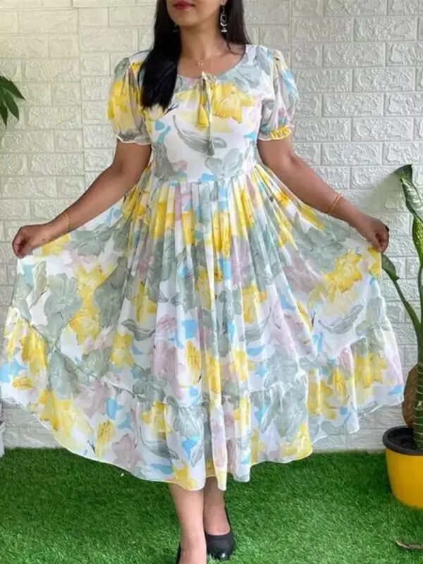 Yellow Floral Midi Tiered Dress for Women