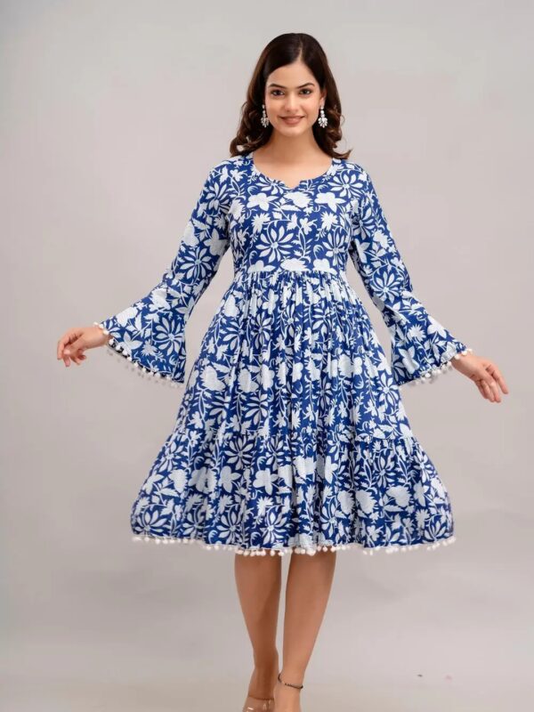 Navy Blue Floral Midi A-line Dress for Women