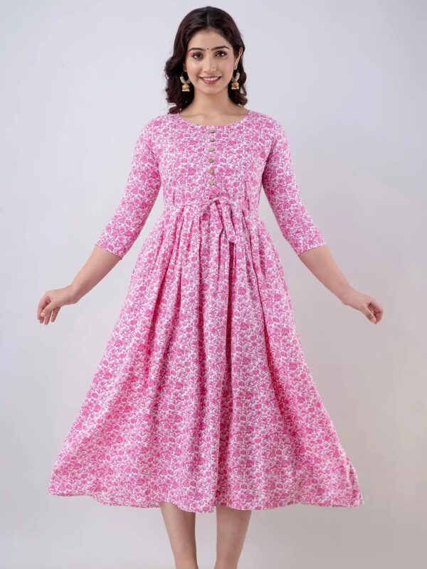Pink Floral Midi A-line Dress for Women
