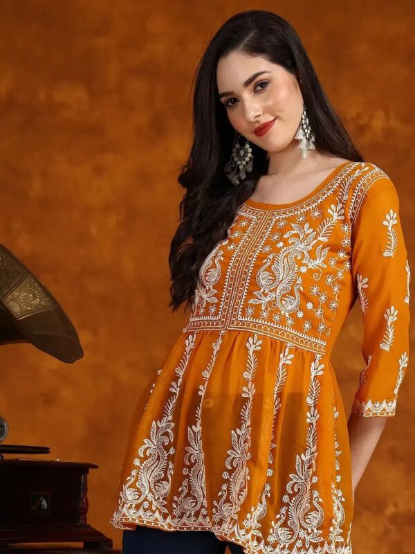 Solid Embroidered Gathered Short Kurti for Women