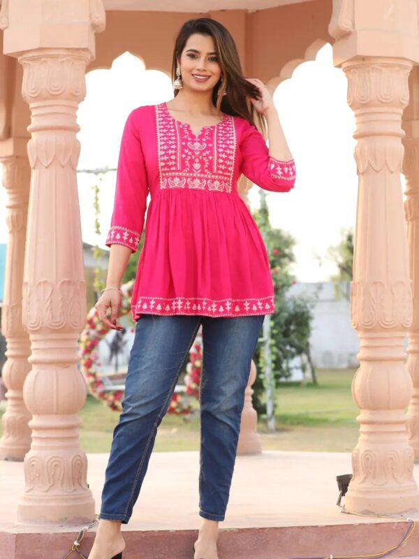 Solid Embroidered Gathered Short Kurti for Women