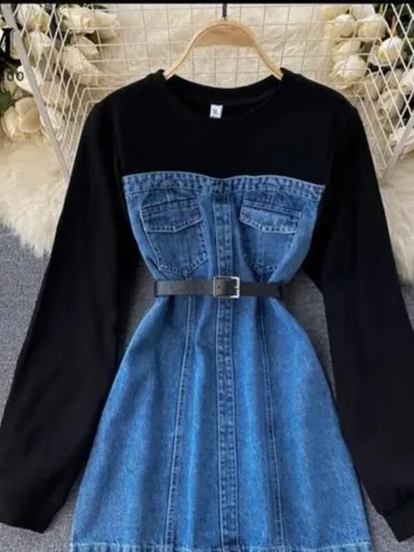 Blue Denim Korean Mini Dress with Belt for Women