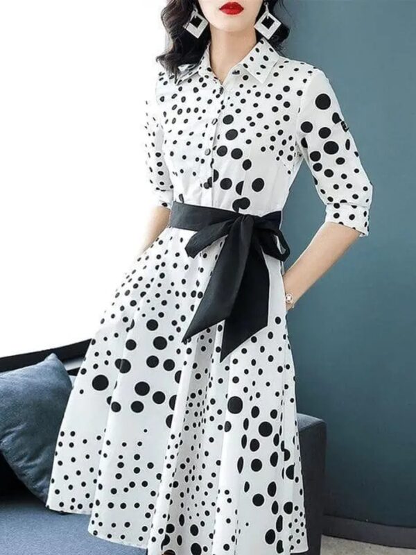 White Polka Dot Korean Shirt Dress for Women