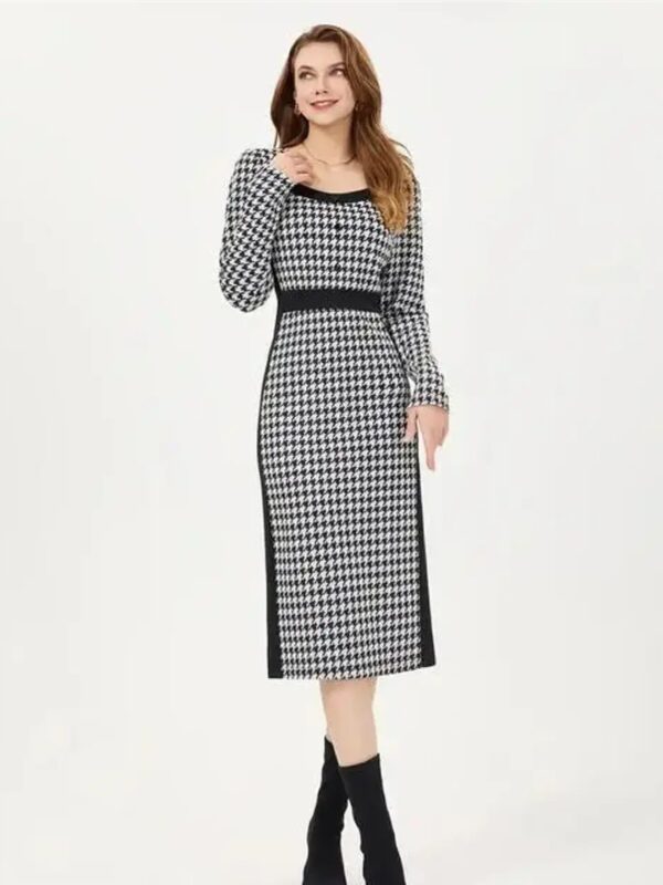 Black Houndstooth Korean Bodycon Midi Dress for Women